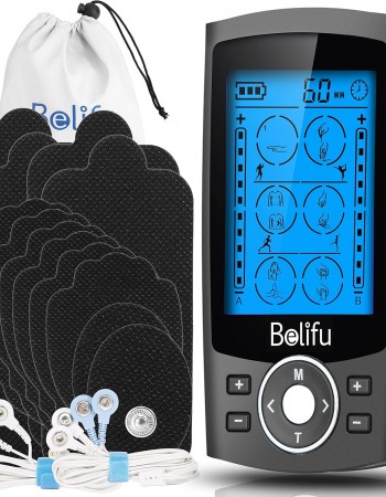 Belifu Dual Channel TENS EMS Unit with 12 Pads, 24 Modes Muscle Stimulator, Electronic Pulse Massager Muscle Massager for Pain Relief Therapy, Fastening Cable Ties, Dust-Proof Drawstring Storage Bag
